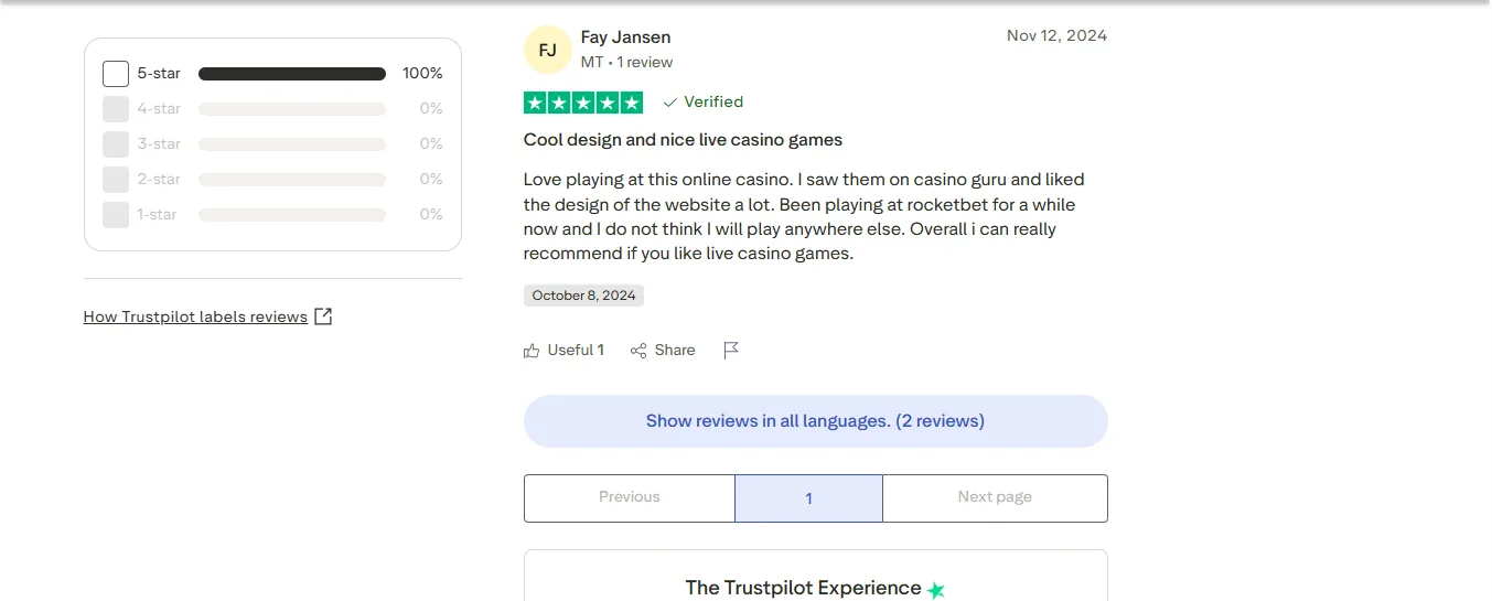Screenshot of Rocketbet's negative Trustpilot review