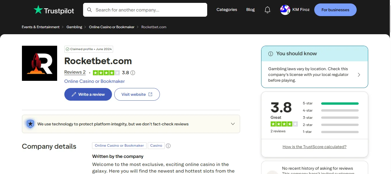 Screenshot of Rocketbet's Trustpilot rating overview