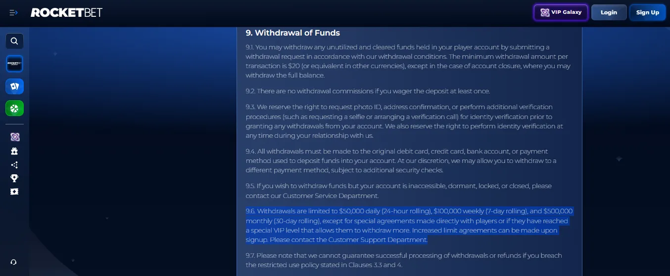 Screenshot of Rocketbet's withdrawal section and limits