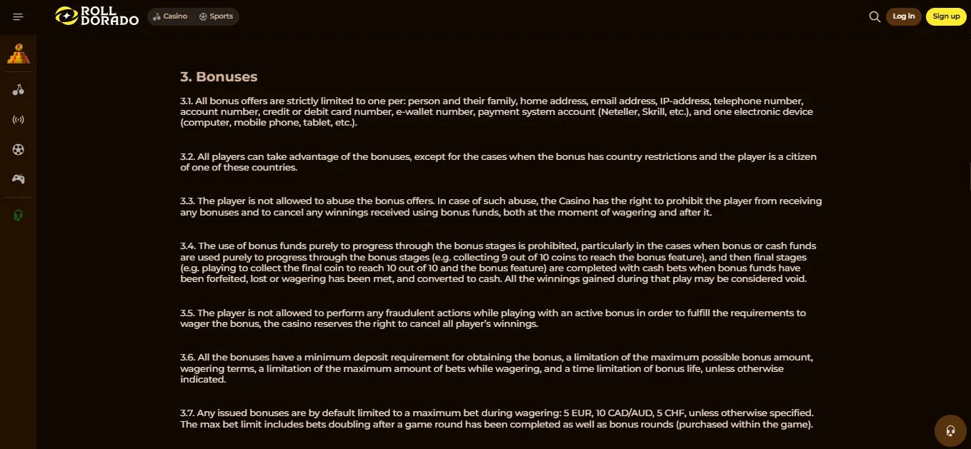 Screenshot of Rolldorado's bonus terms and wagering requirements