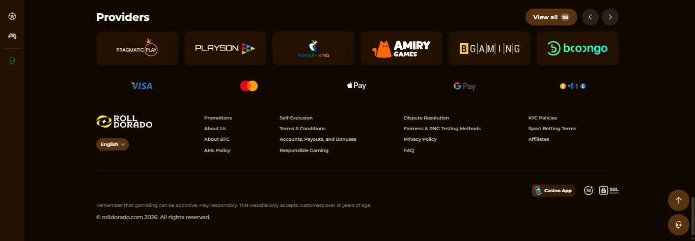 Screenshot of Rolldorado's footer licence and regulator details