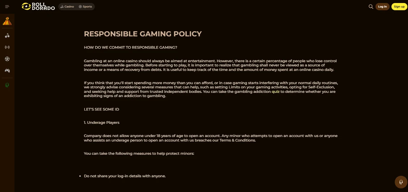 Screenshot of Rolldorado's responsible-gambling tools