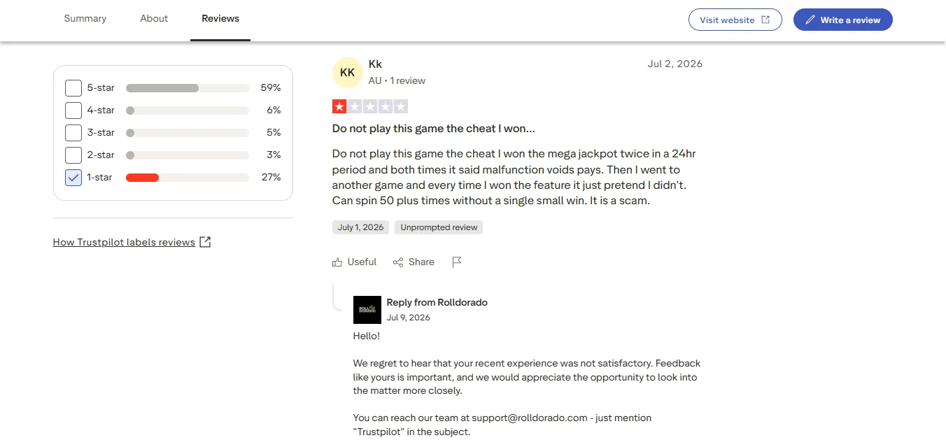 Screenshot of Rolldorado's negative Trustpilot review