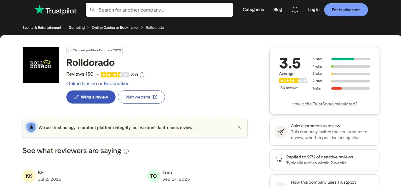 Screenshot of Rolldorado's Trustpilot rating overview