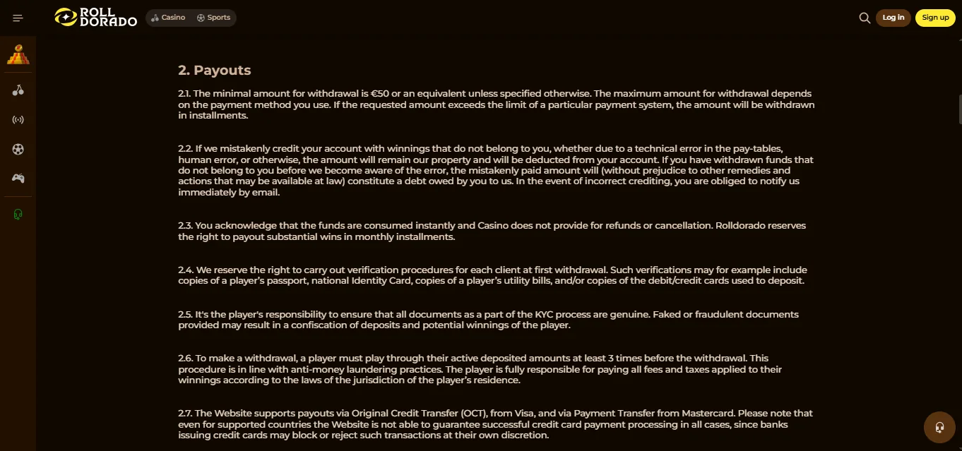Screenshot of Rolldorado's withdrawal section and limits