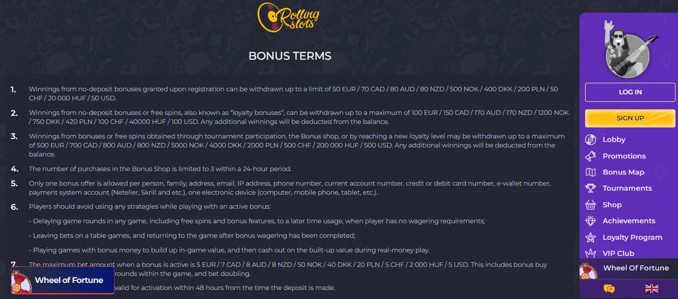 Screenshot of Rolling Slots's bonus terms and wagering requirements