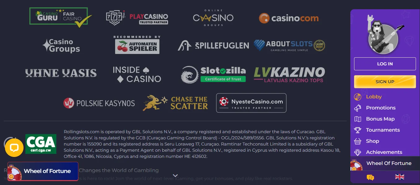 Screenshot of Rolling Slots's footer licence and regulator details