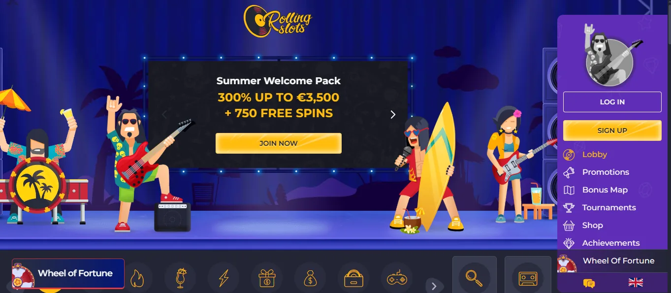 Screenshot of Rolling Slots's homepage
