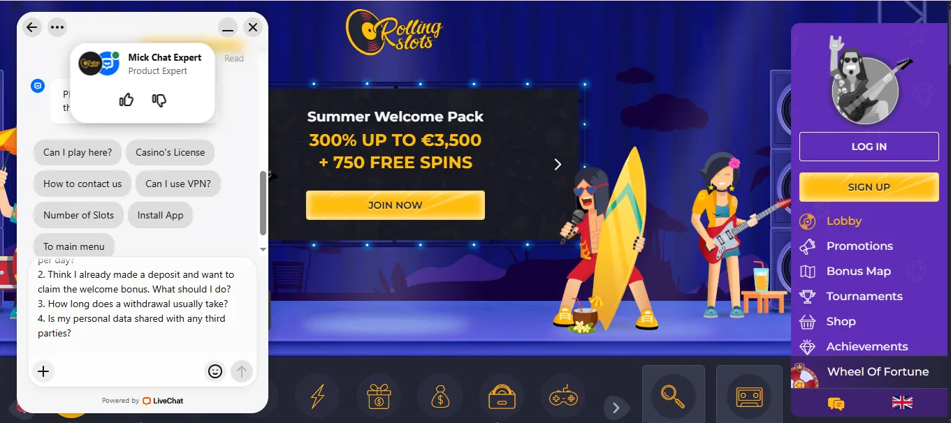 Screenshot of Rolling Slots's live chat support window