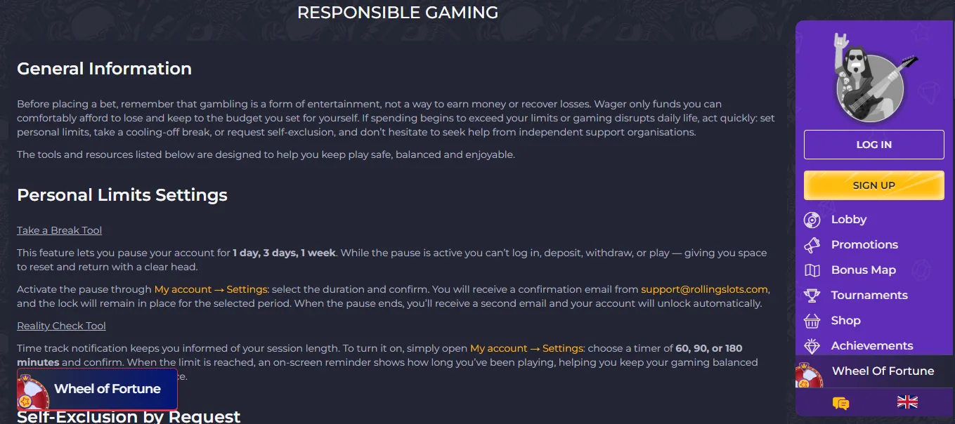 Screenshot of Rolling Slots's responsible-gambling tools