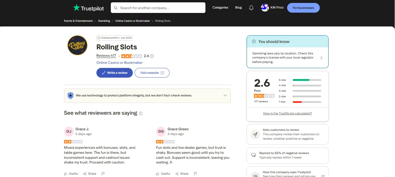Screenshot of Rolling Slots's Trustpilot rating overview