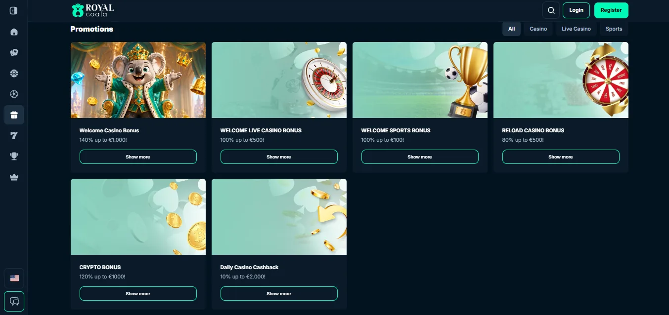 Screenshot of Royal Coala's welcome bonus offer