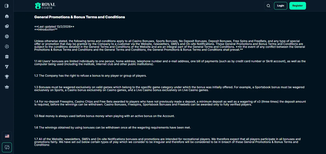 Screenshot of Royal Coala's bonus terms and wagering requirements