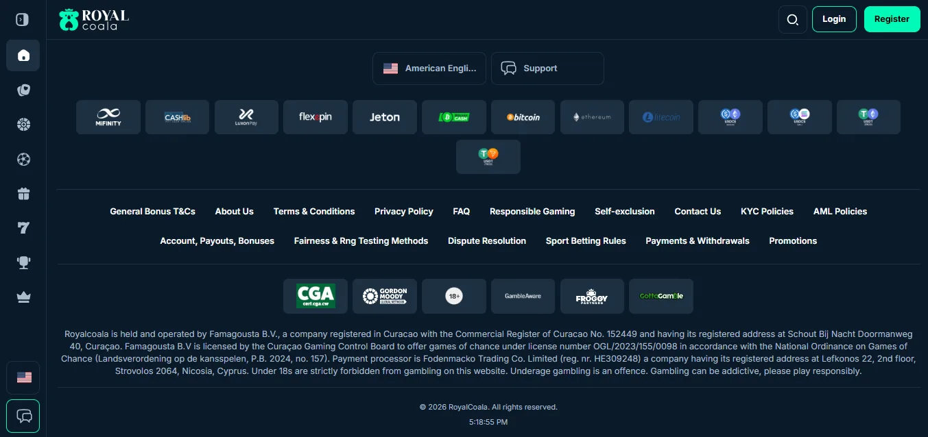 Screenshot of Royal Coala's footer licence and regulator details
