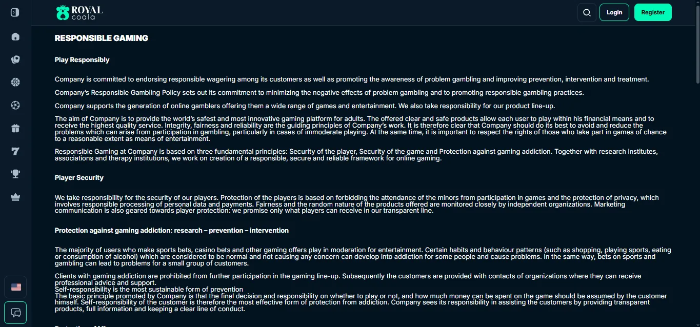 Screenshot of Royal Coala's responsible-gambling tools