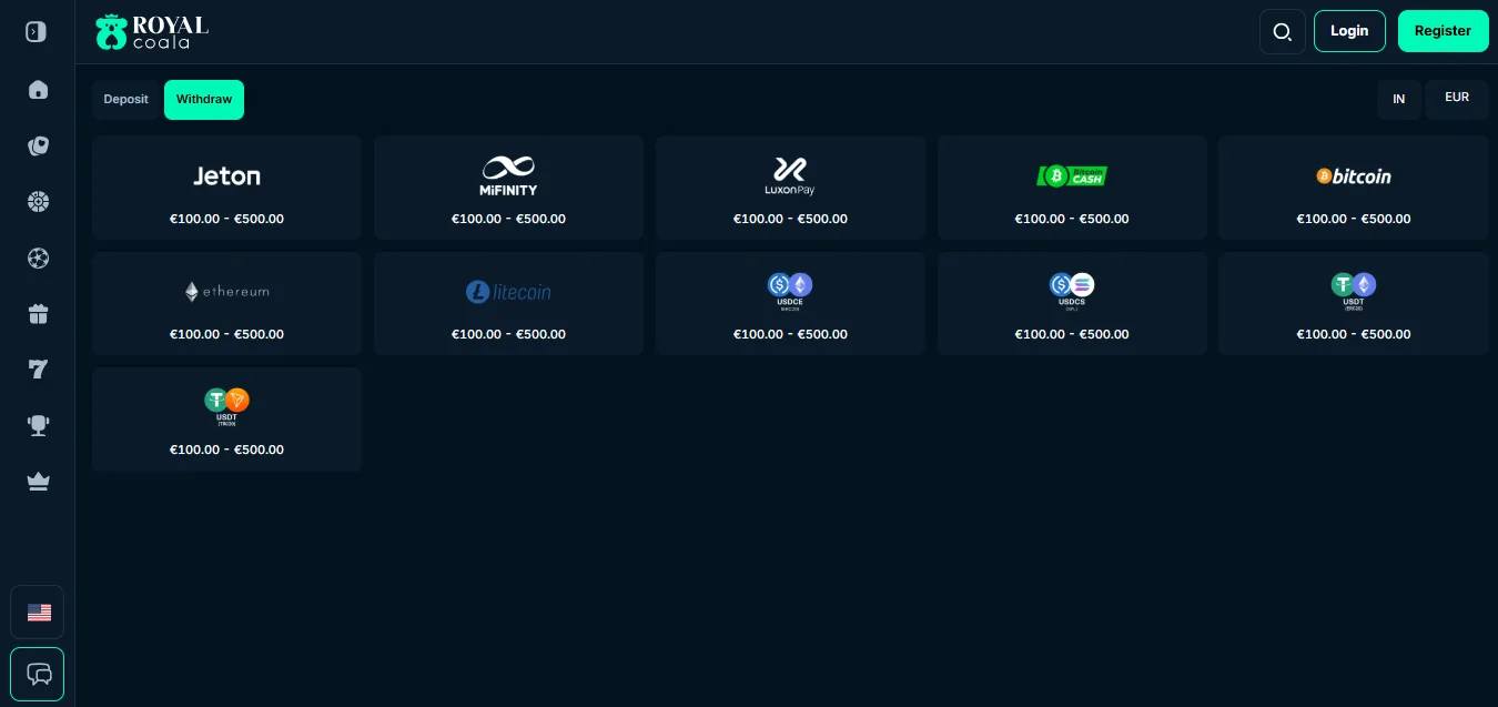 Screenshot of Royal Coala's withdrawal section and limits
