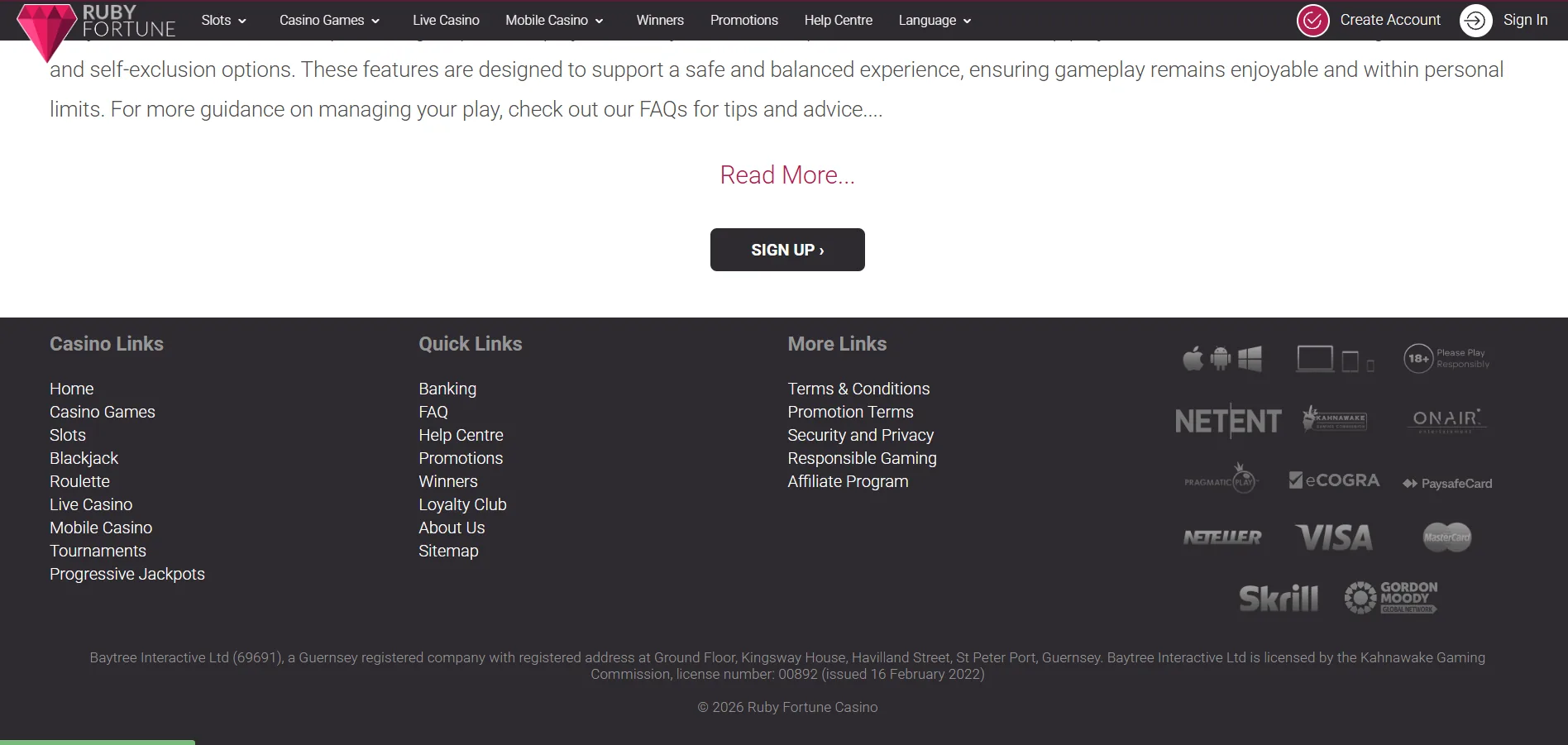 Screenshot of Ruby Fortune's cashier and payment methods