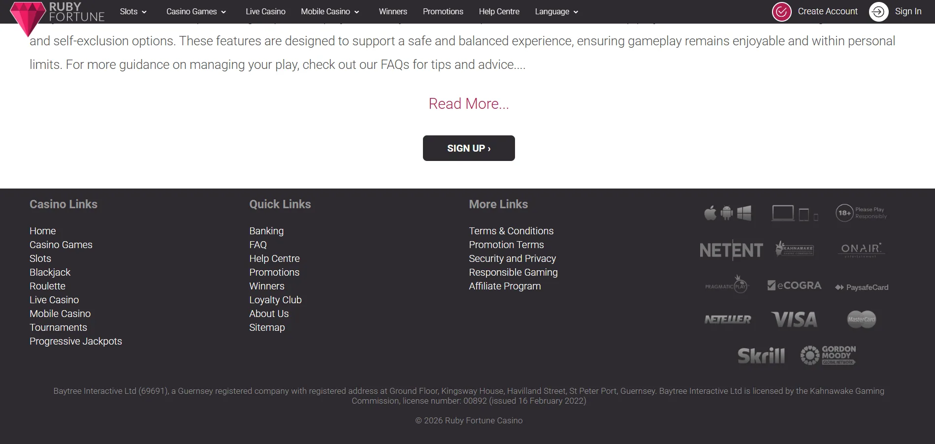Screenshot of Ruby Fortune's footer licence and regulator details