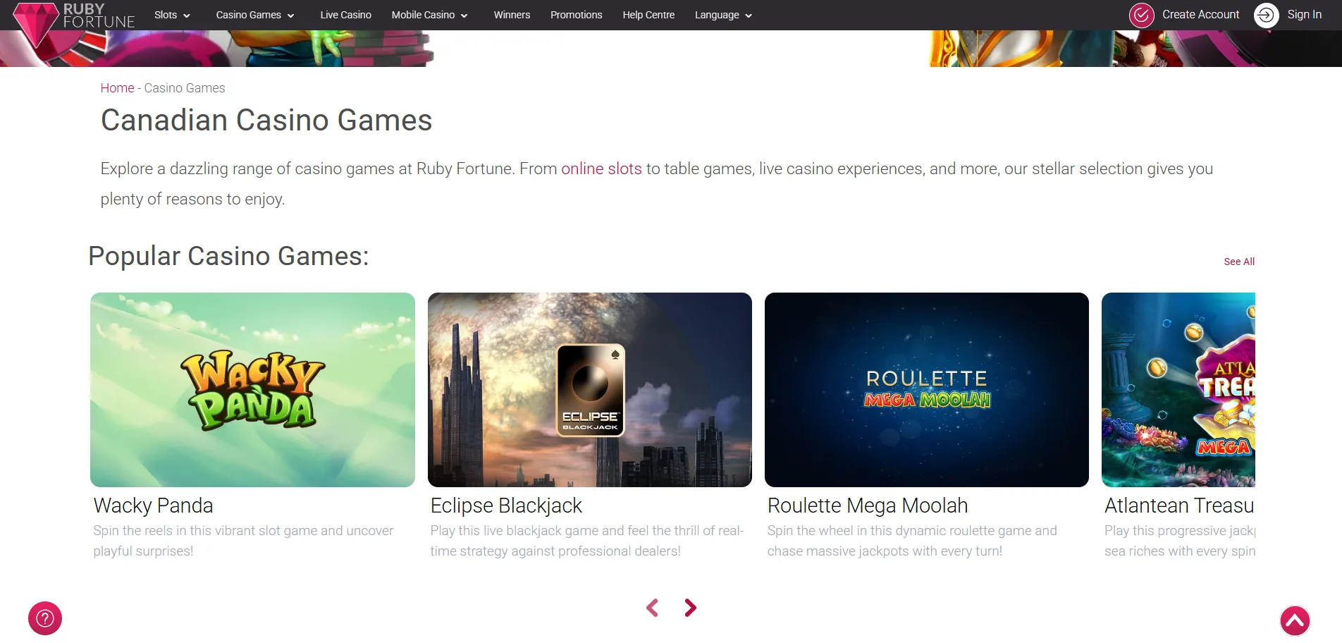 Screenshot of Ruby Fortune's games lobby