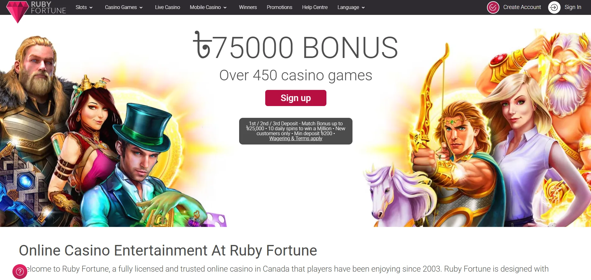 Screenshot of Ruby Fortune's homepage