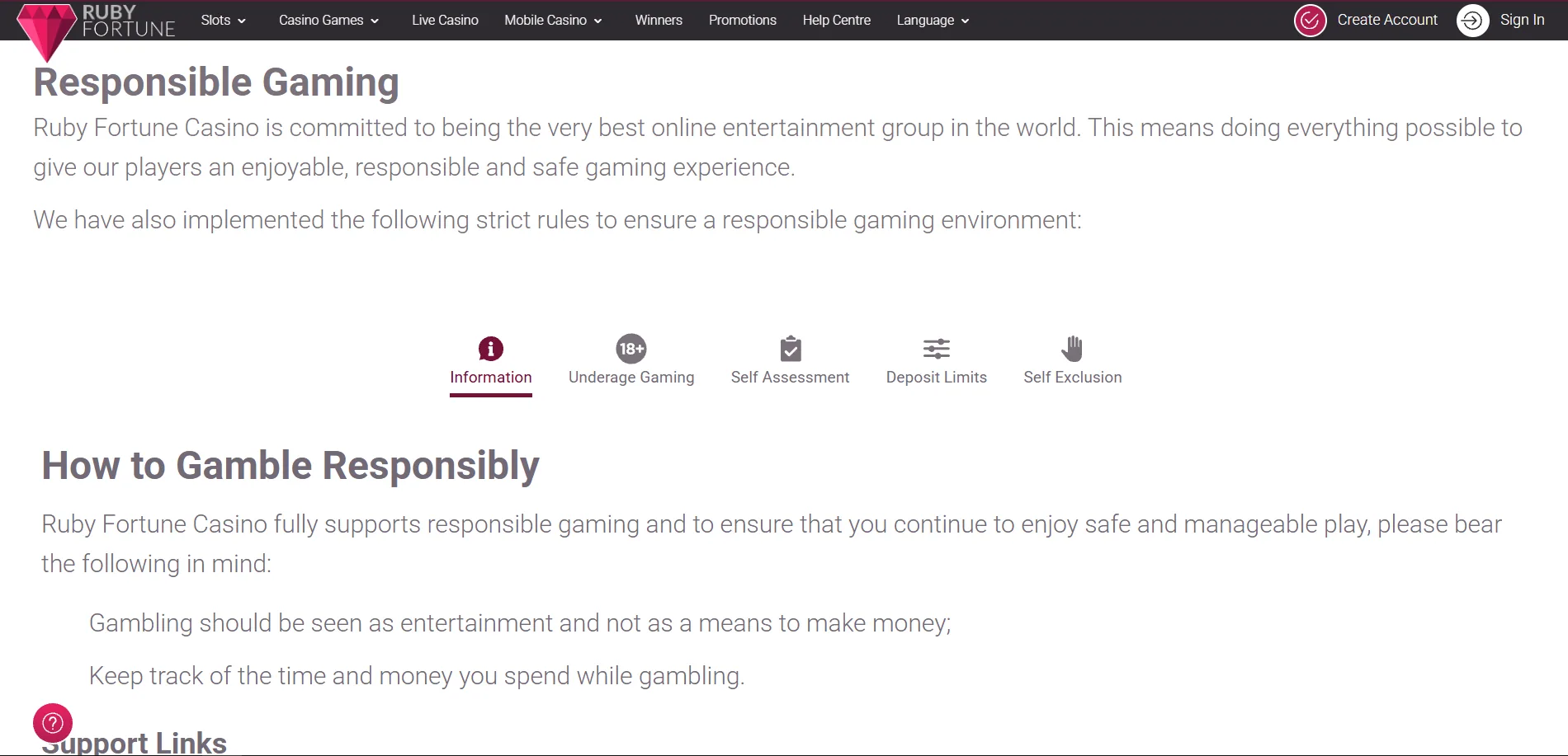 Screenshot of Ruby Fortune's responsible-gambling tools