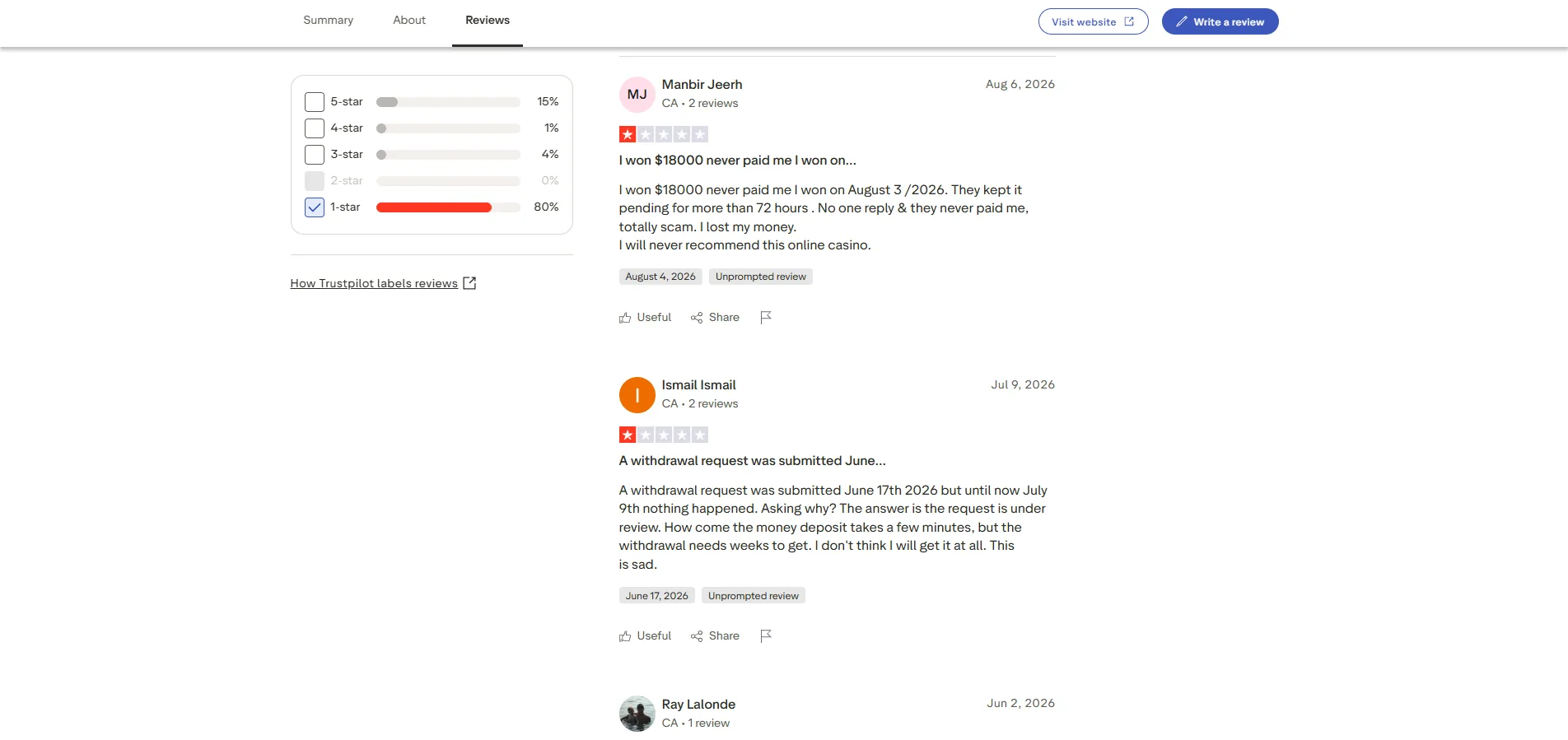 Screenshot of Ruby Fortune's negative Trustpilot review