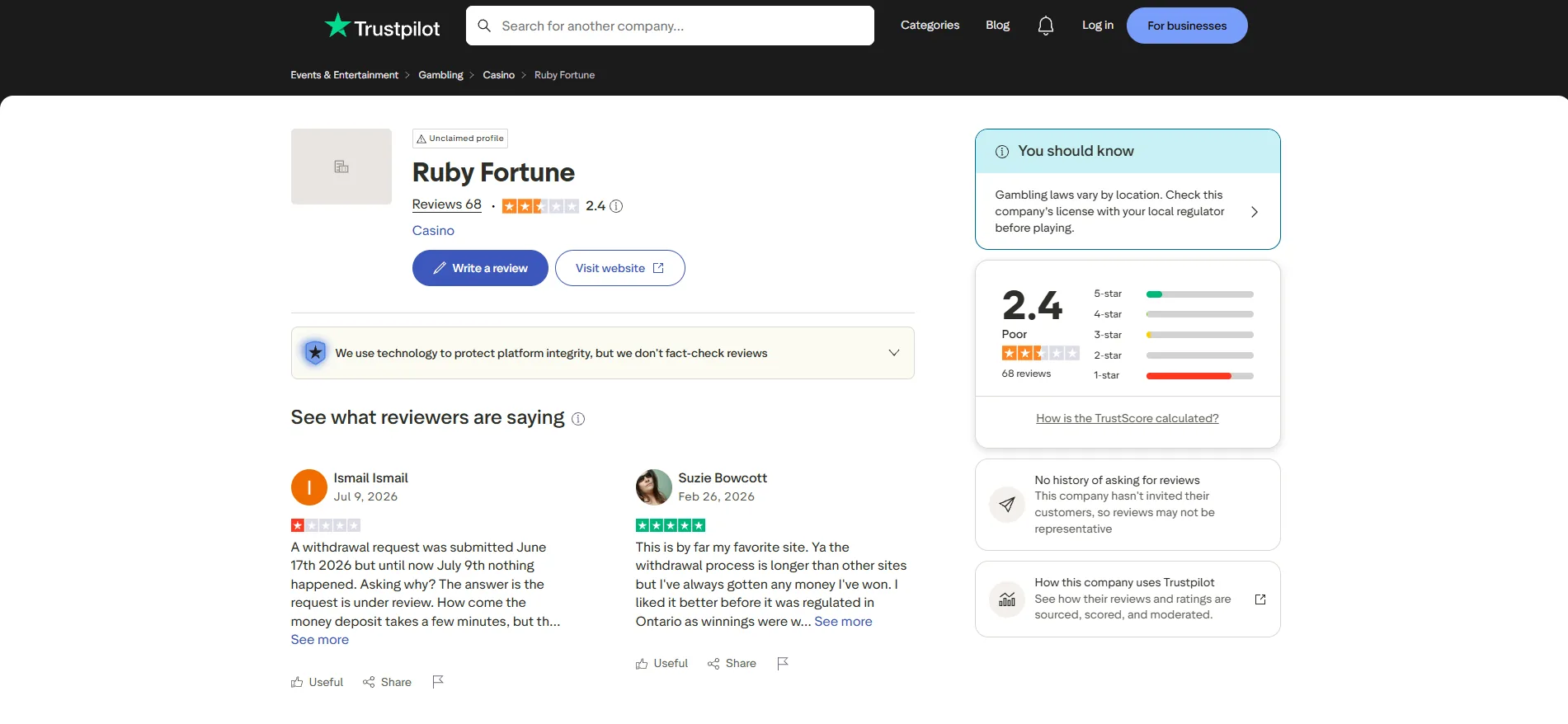 Screenshot of Ruby Fortune's Trustpilot rating overview