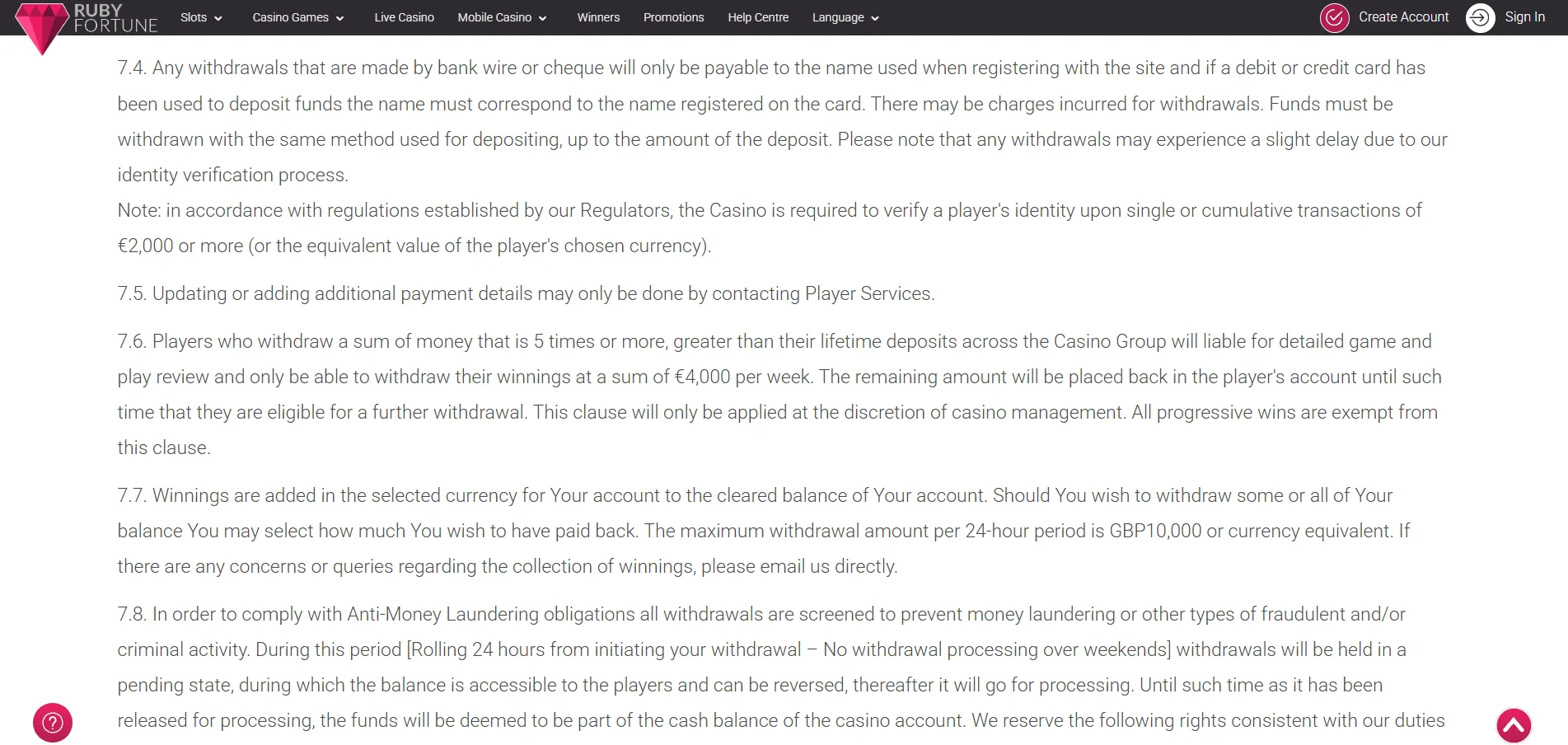 Screenshot of Ruby Fortune's withdrawal section and limits