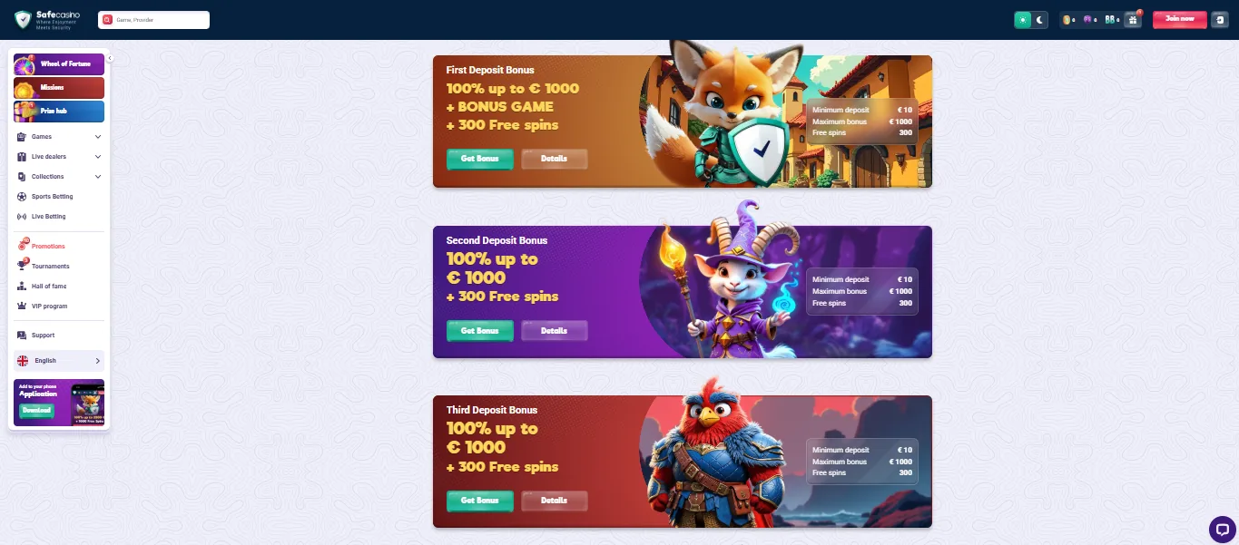Screenshot of SafeCasino's welcome bonus offer