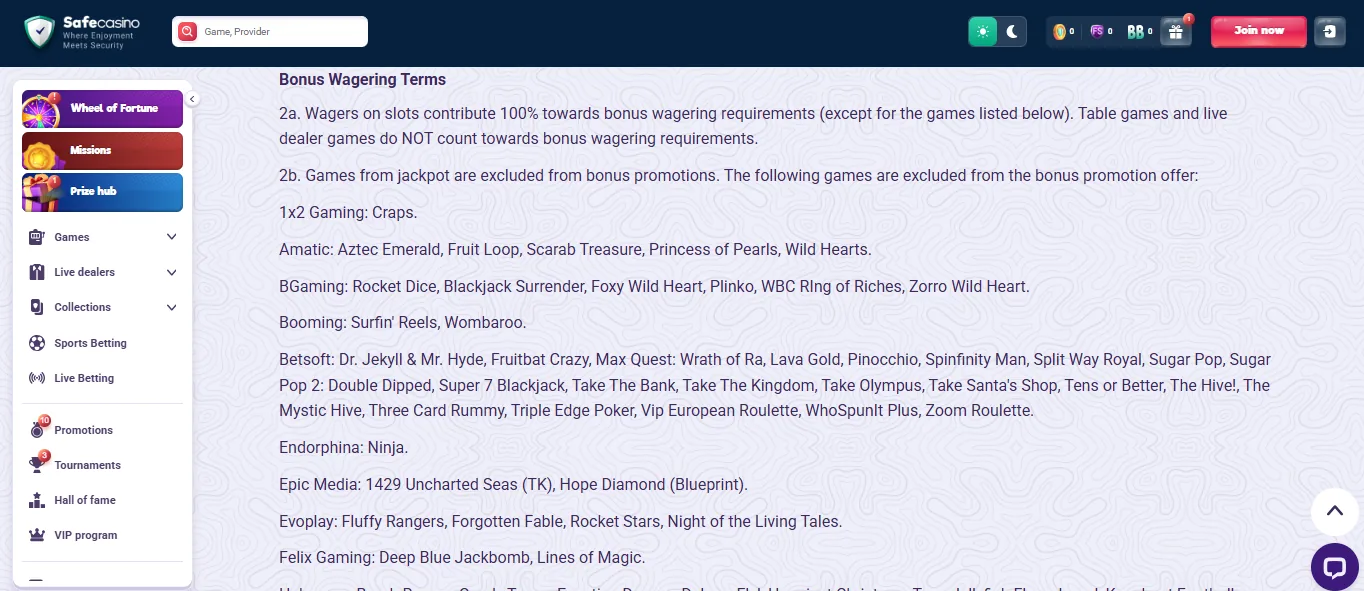 Screenshot of SafeCasino's bonus terms and wagering requirements