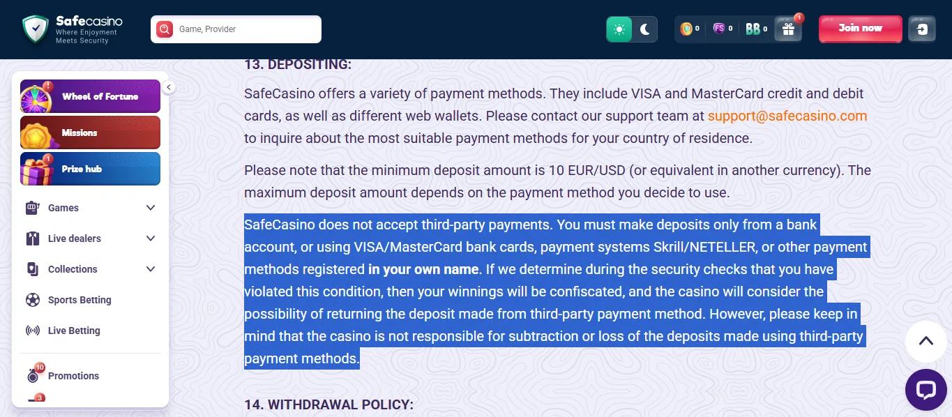 Screenshot of SafeCasino's cashier and payment methods