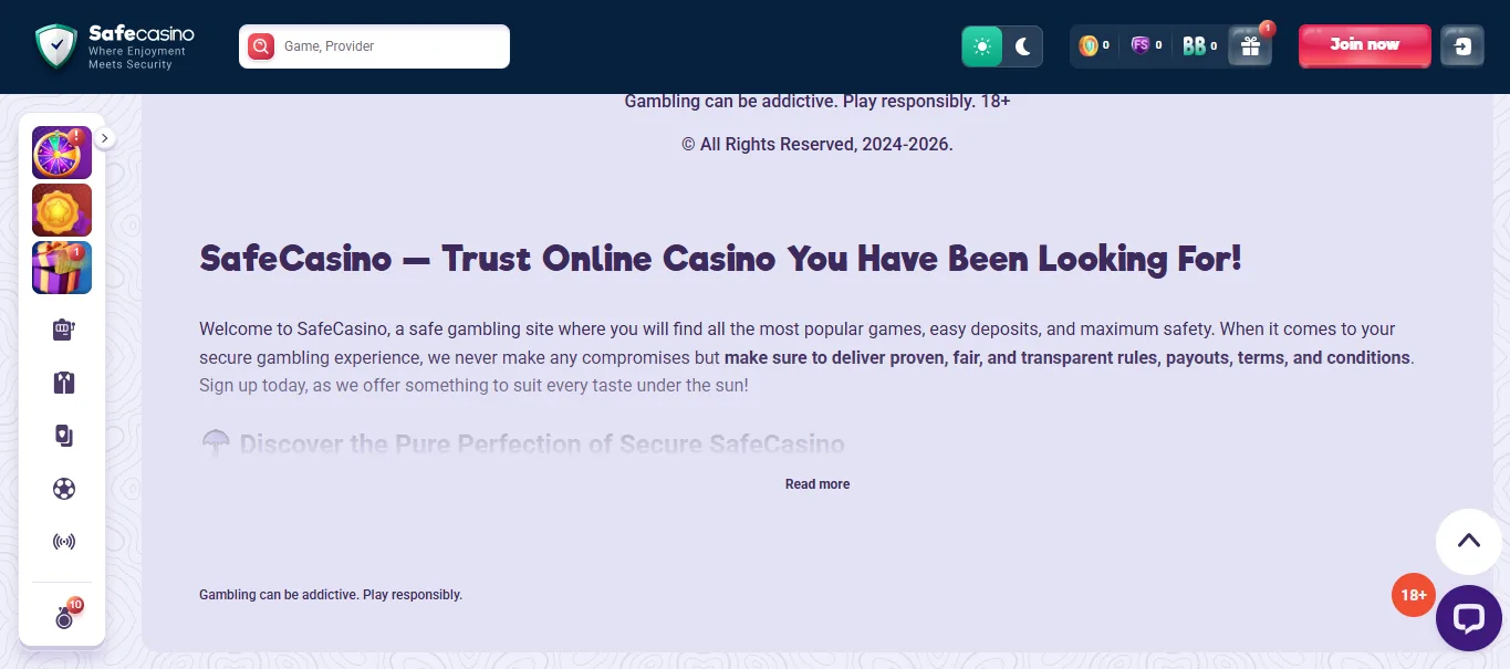 Screenshot of SafeCasino's footer licence and regulator details