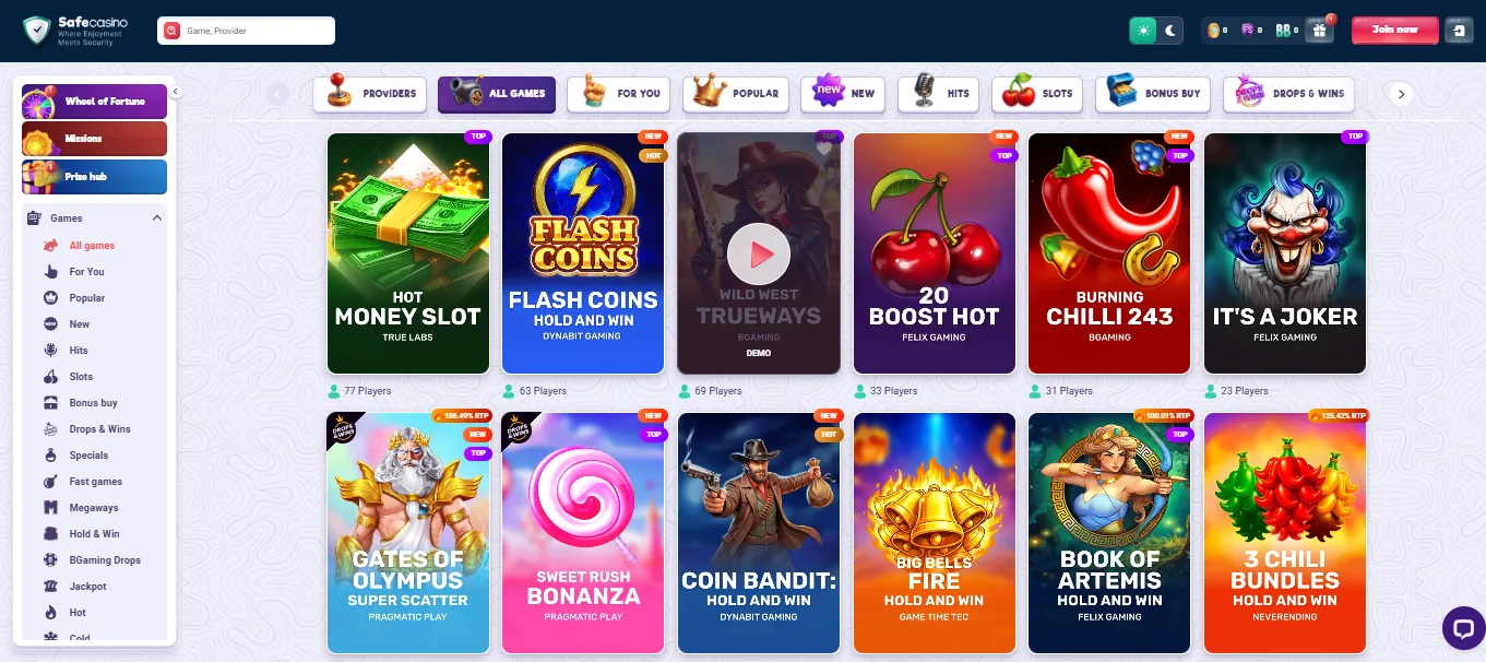 Screenshot of SafeCasino's games lobby