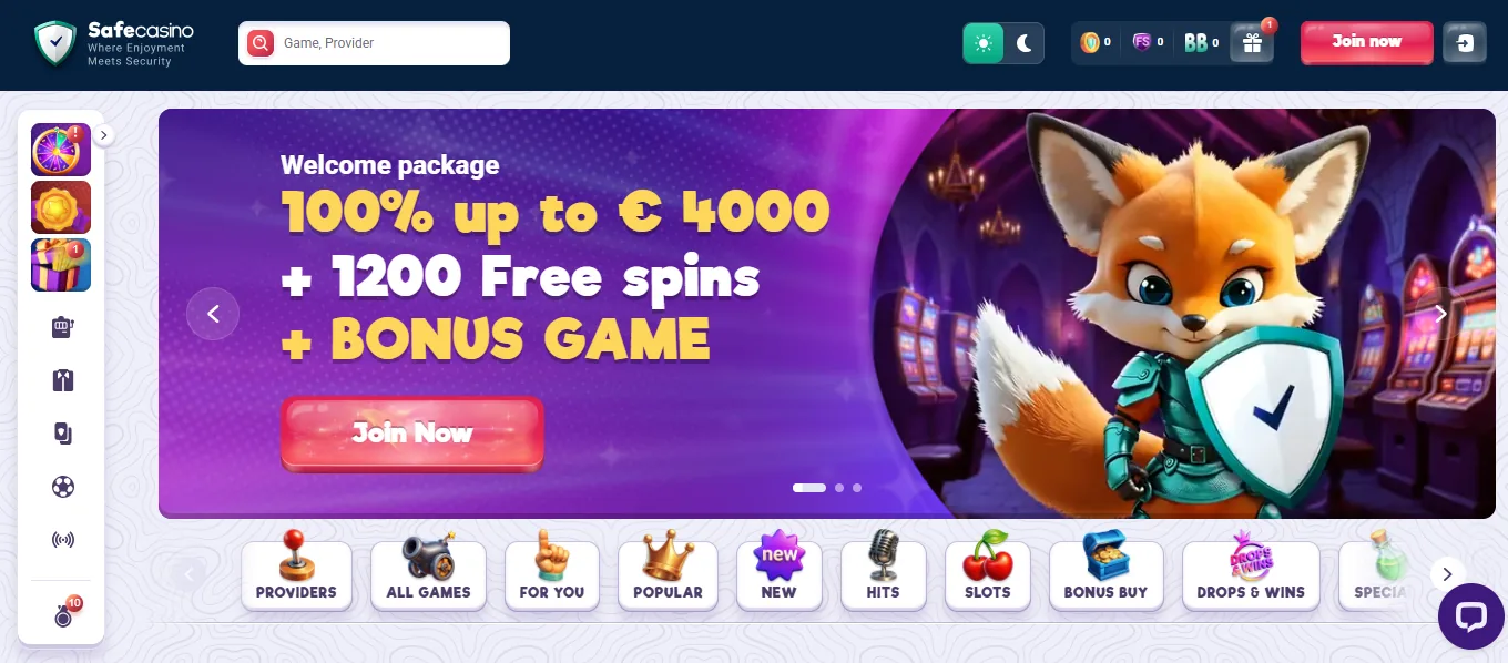 Screenshot of SafeCasino's homepage