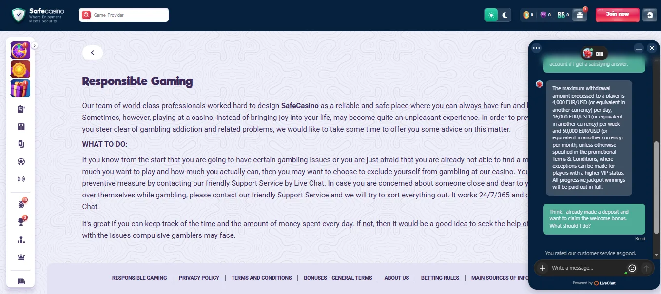 Screenshot of SafeCasino's live chat support window