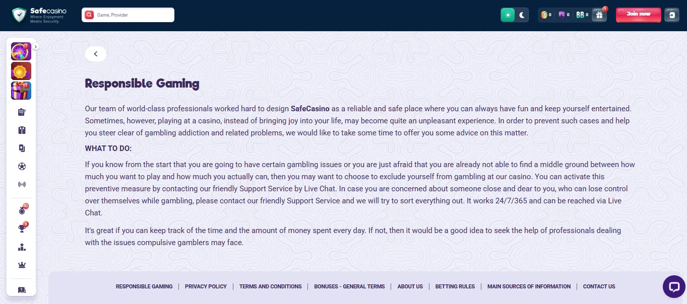 Screenshot of SafeCasino's responsible-gambling tools