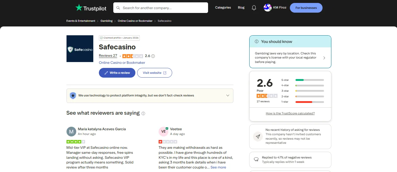 Screenshot of SafeCasino's Trustpilot rating overview