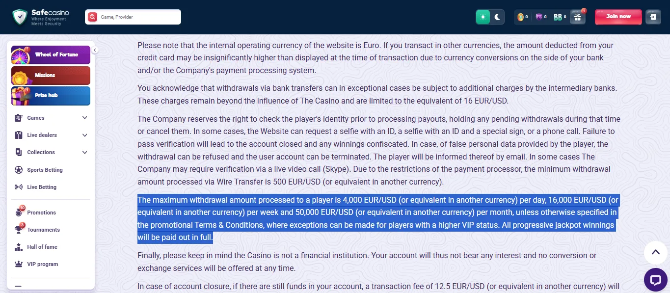 Screenshot of SafeCasino's withdrawal section and limits
