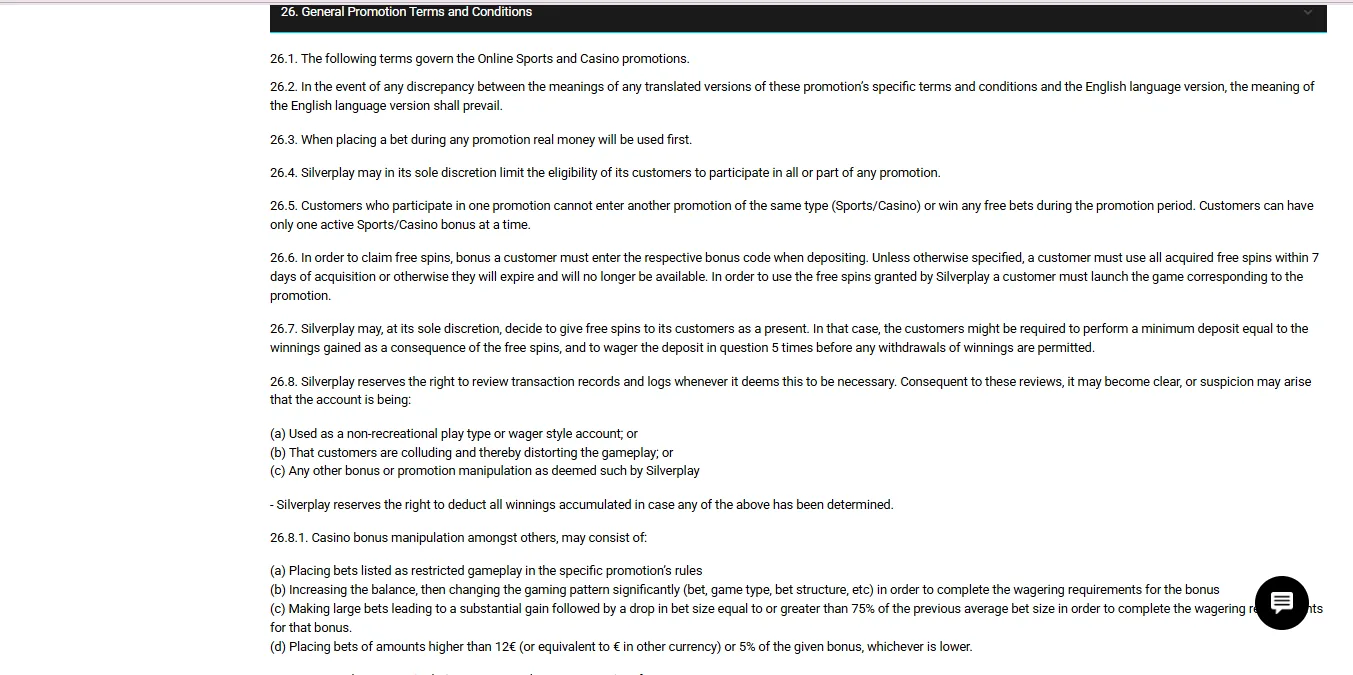 Screenshot of Silver Play's bonus terms and wagering requirements