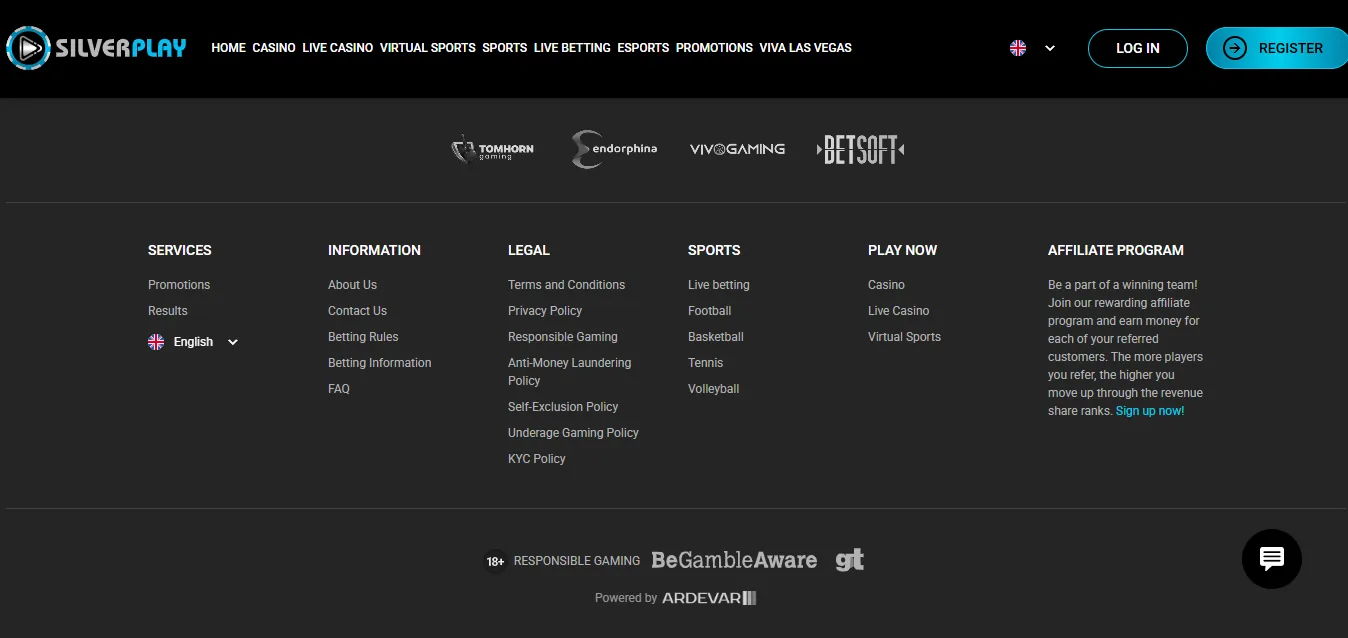 Screenshot of Silver Play's footer licence and regulator details