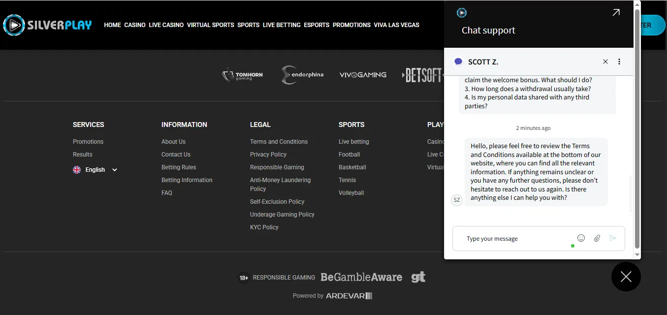 Screenshot of Silver Play's live chat support window