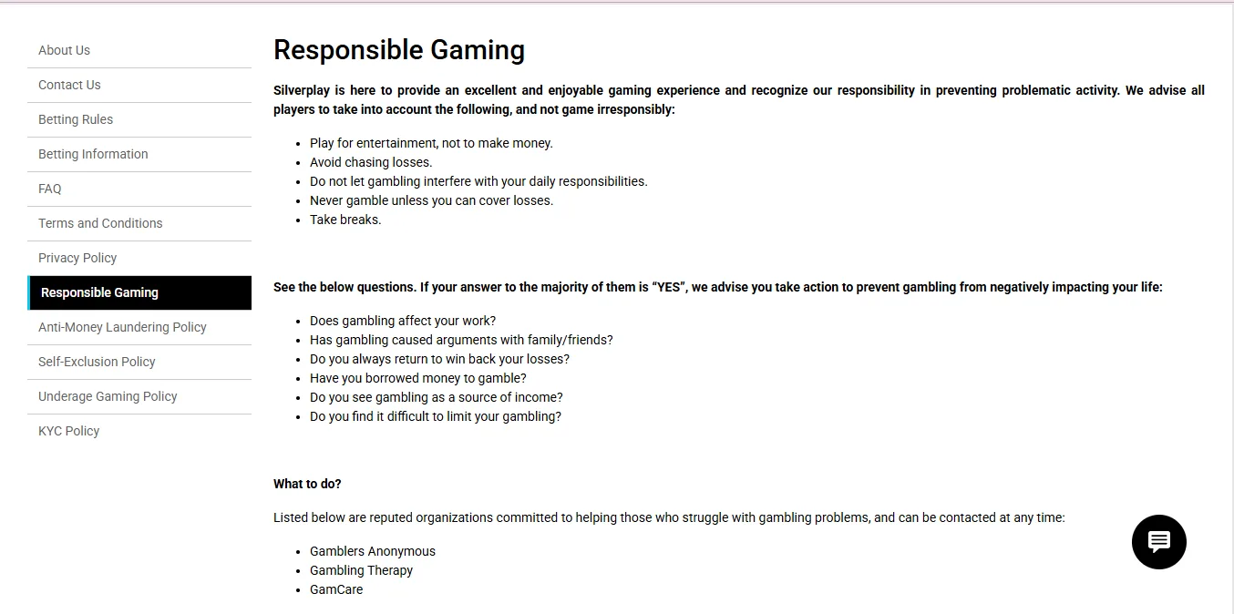 Screenshot of Silver Play's responsible-gambling tools