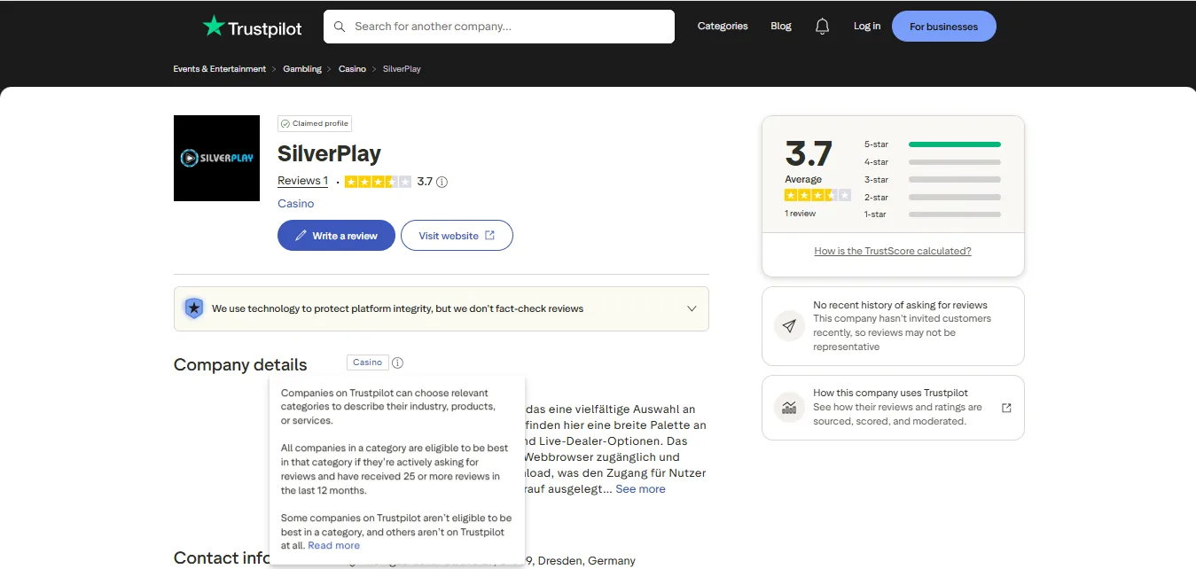 Screenshot of Silver Play's Trustpilot rating overview