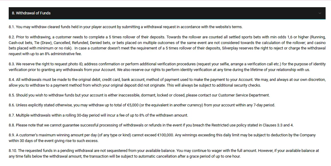 Screenshot of Silver Play's withdrawal section and limits
