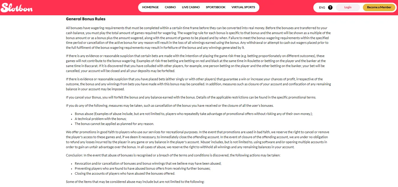 Screenshot of Slotbon's bonus terms and wagering requirements