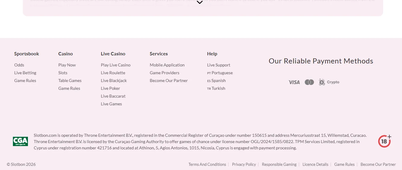 Screenshot of Slotbon's footer licence and regulator details