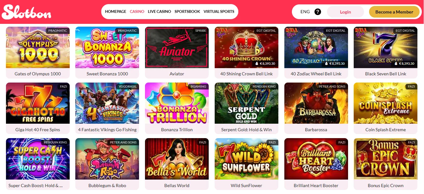 Screenshot of Slotbon's games lobby