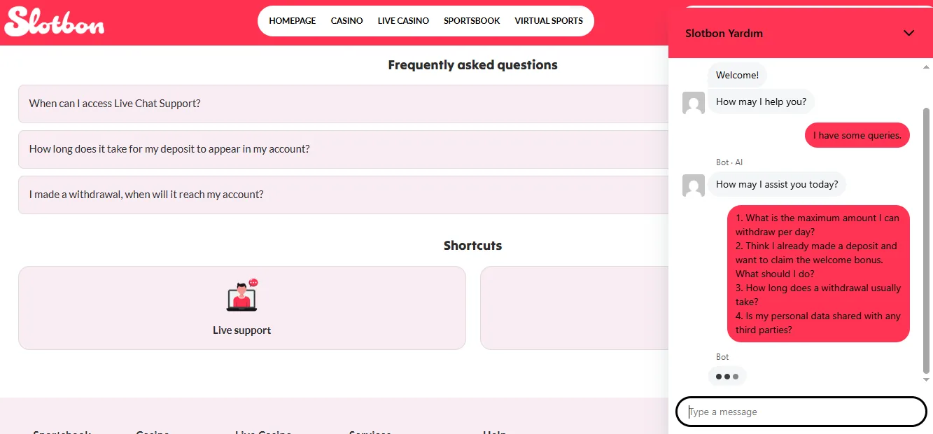 Screenshot of Slotbon's live chat support window