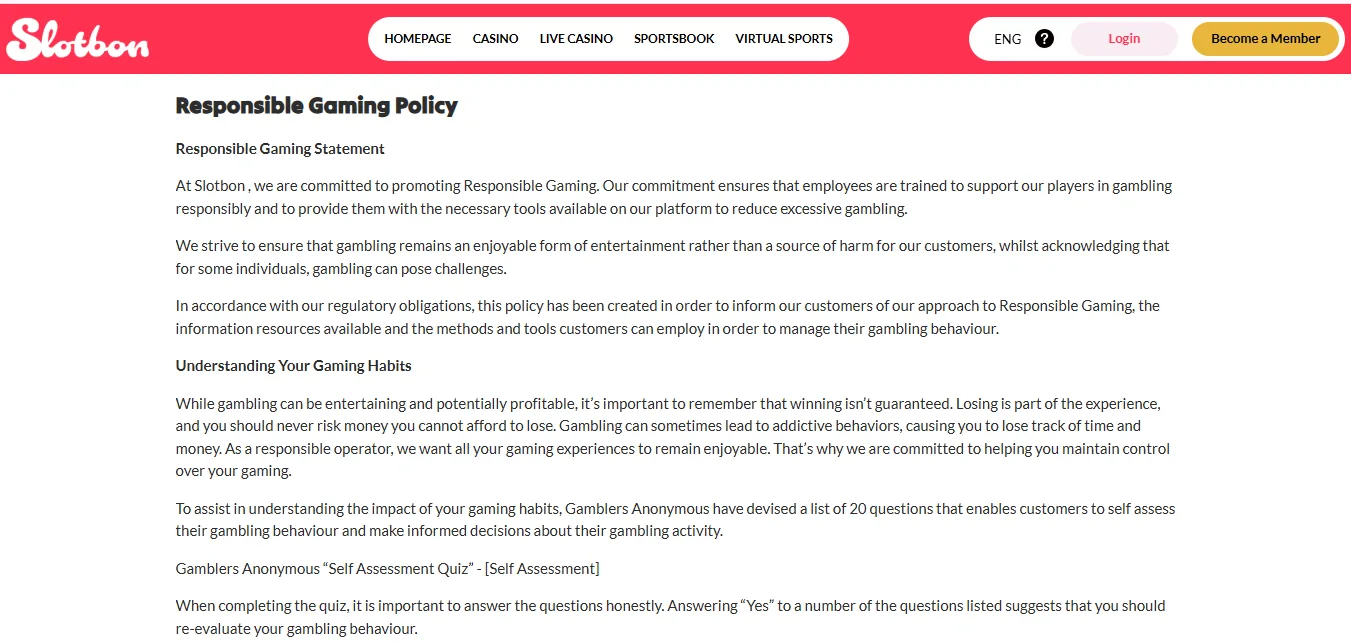 Screenshot of Slotbon's responsible-gambling tools