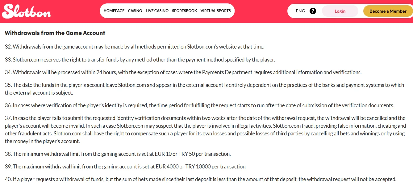 Screenshot of Slotbon's withdrawal section and limits